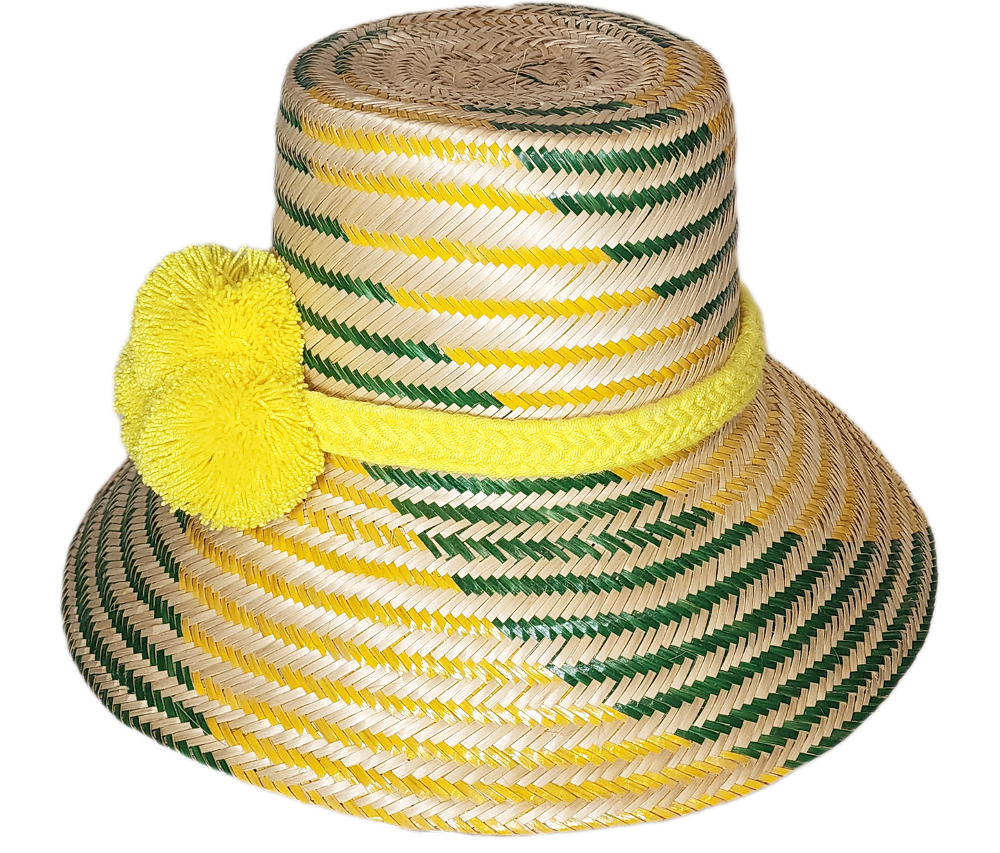 "Colorful handmade Wuitusu Wayuu hats crafted from Iraca palm fibers, featuring distinctive pompoms and versatile styling opt