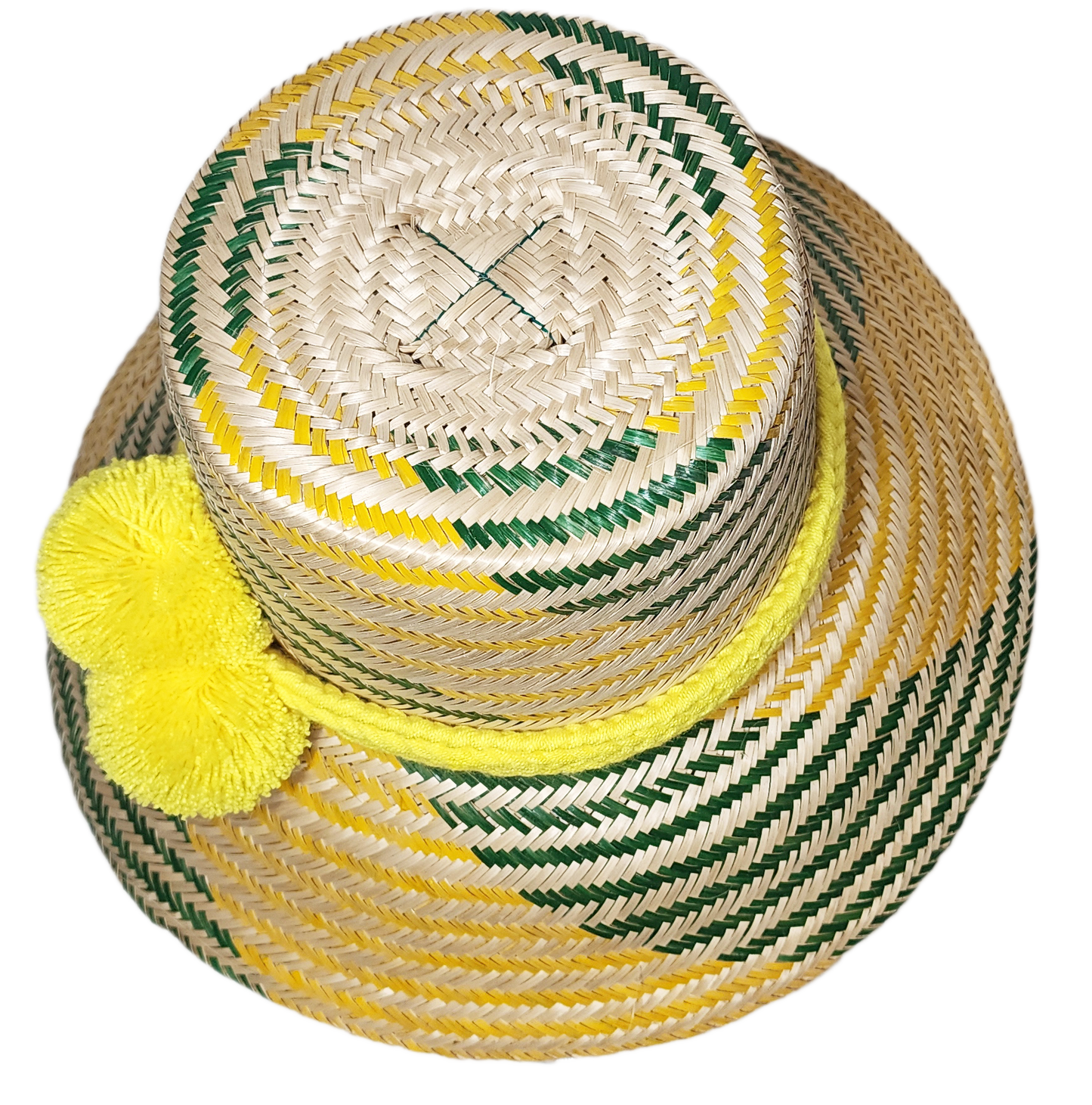 "Colorful handmade Wuitusu Wayuu hats crafted from Iraca palm fibers, featuring distinctive pompoms and versatile styling opt