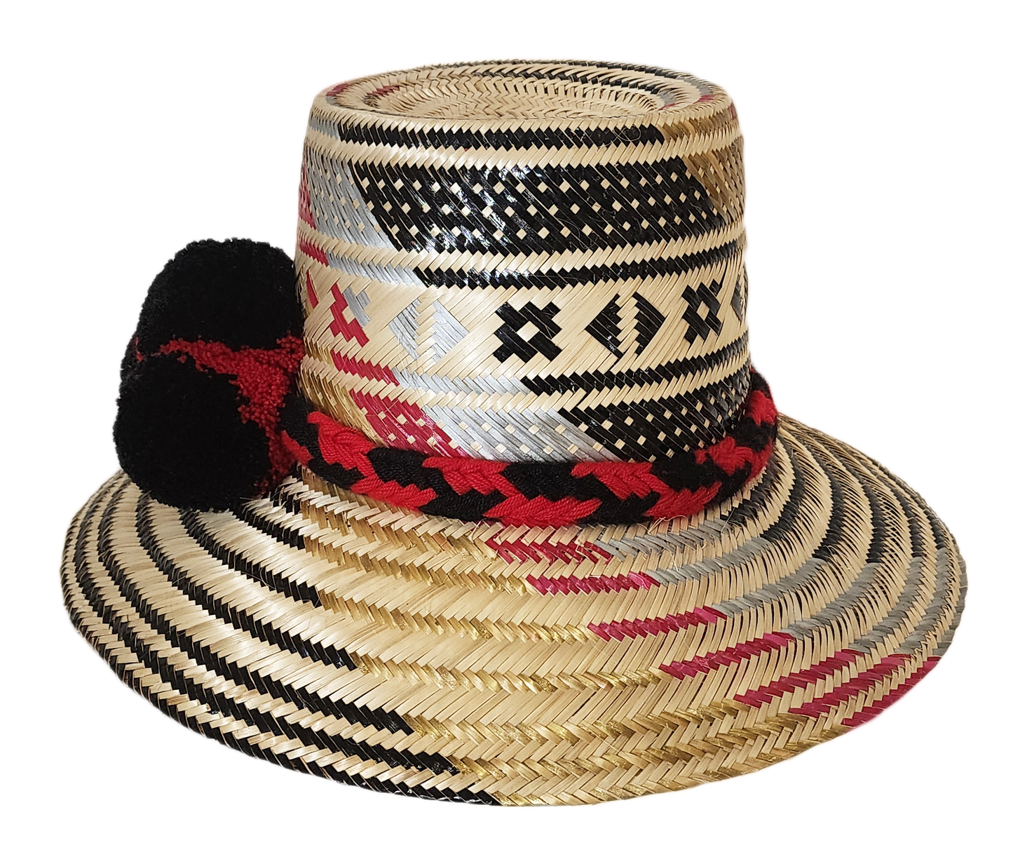 "Colorful, handwoven Wayuu hat from Wuitusu, adorned with culturally significant pompoms, offering flexible styling and sun p