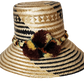 "Colorful handwoven Wayuu hat made from Iraca palm, adorned with cultural pompoms for prosperity, adjustable to fit all sizes
