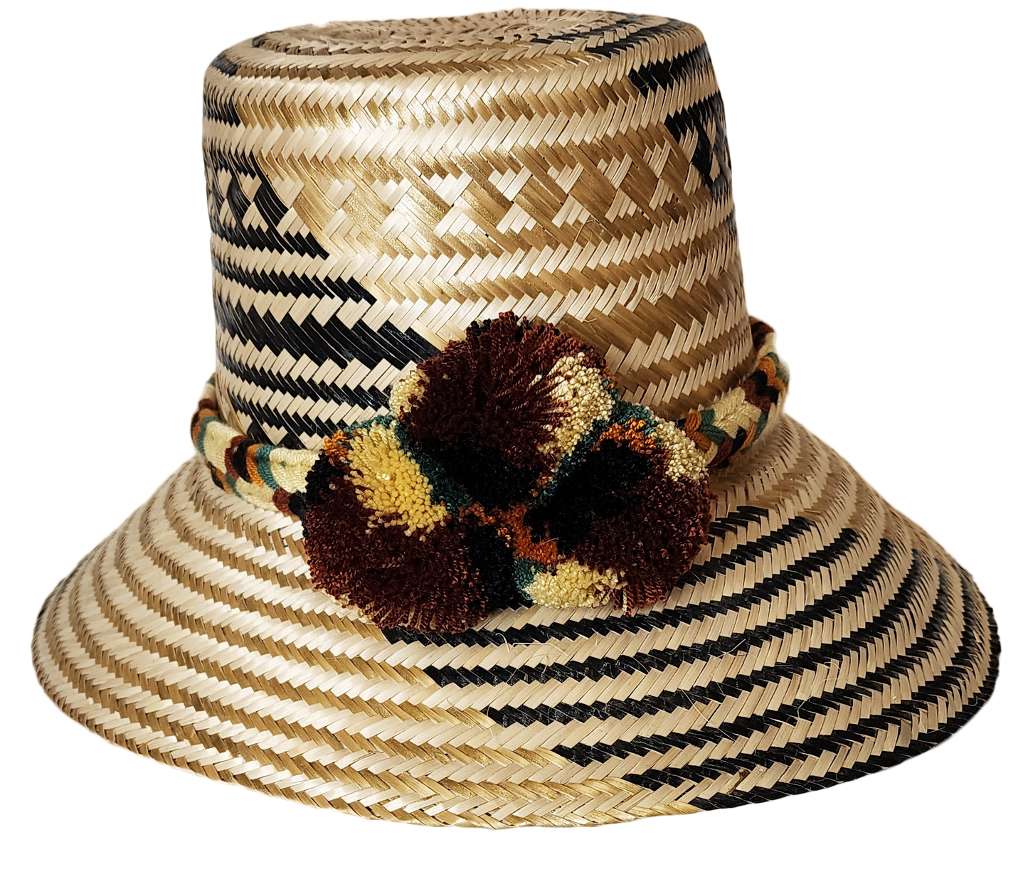 "Colorful handwoven Wayuu hat made from Iraca palm, adorned with cultural pompoms for prosperity, adjustable to fit all sizes