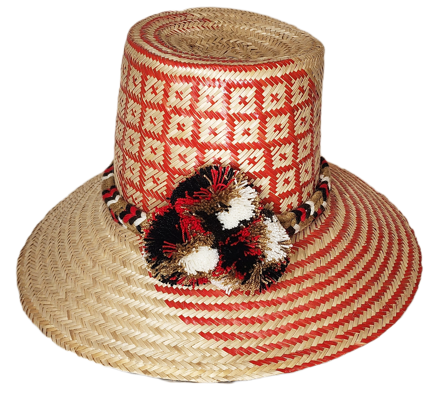 "Colorful handwoven Wayuu hat made from Iraca palm fibers, adorned with cultural pompoms, offering versatile and stylish sun 