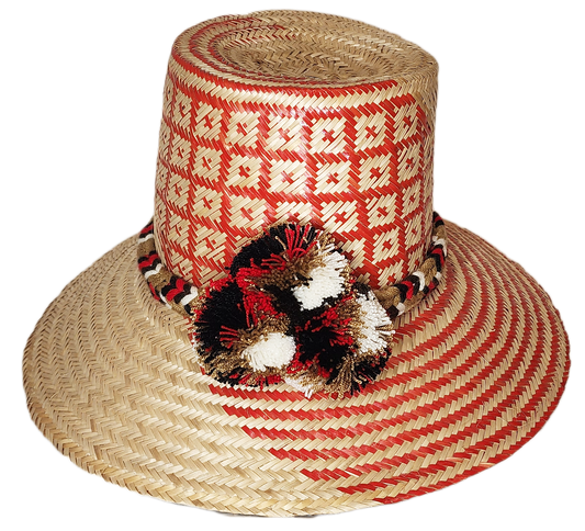 "Colorful handwoven Wayuu hat made from Iraca palm fibers, adorned with cultural pompoms, offering versatile and stylish sun 