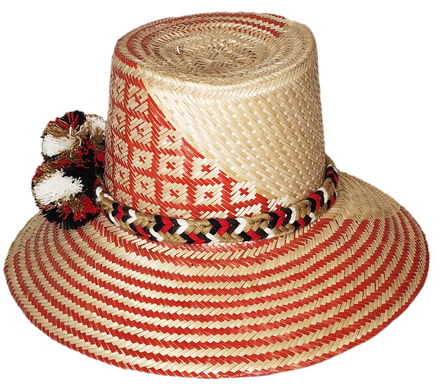 "Colorful handwoven Wayuu hat made from Iraca palm fibers, adorned with cultural pompoms, offering versatile and stylish sun 