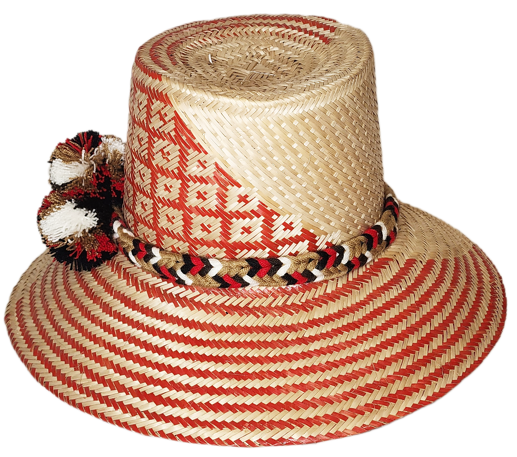 "Colorful handwoven Wayuu hat made from Iraca palm fibers, adorned with cultural pompoms, offering versatile and stylish sun 