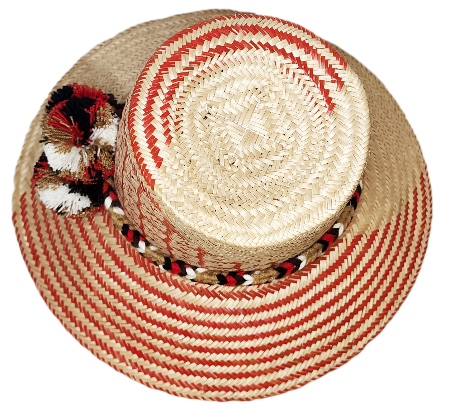 "Colorful handwoven Wayuu hat made from Iraca palm fibers, adorned with cultural pompoms, offering versatile and stylish sun 