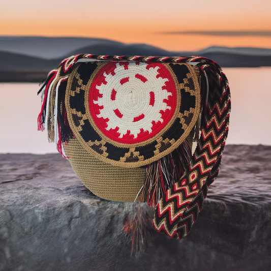 "Colorful medium-sized Wayuu crochet bag with a lid, featuring vibrant, nature-inspired motifs and geometric patterns, handma