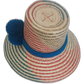 Colorful handmade straw hat with teal and red woven pattern and blue band