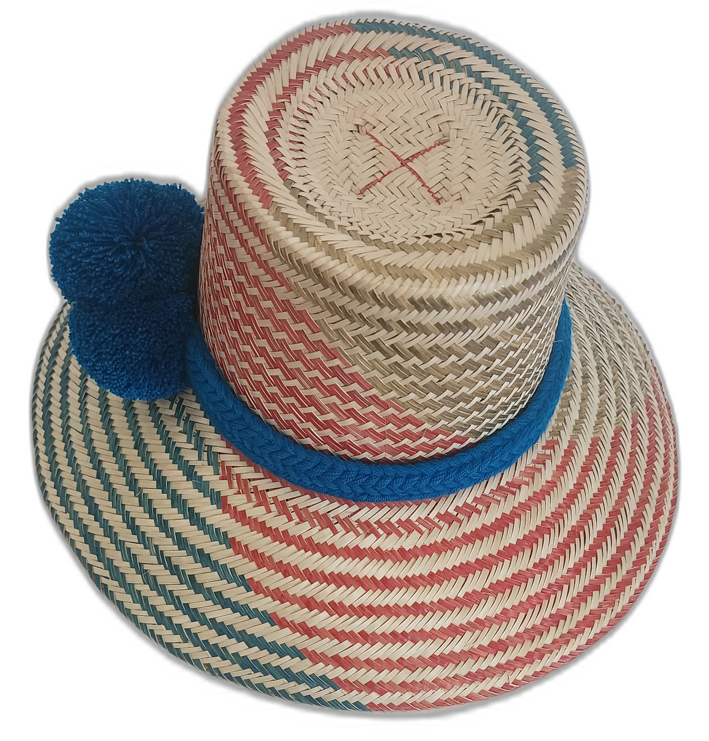 Colorful handmade straw hat with teal and red woven pattern and blue band