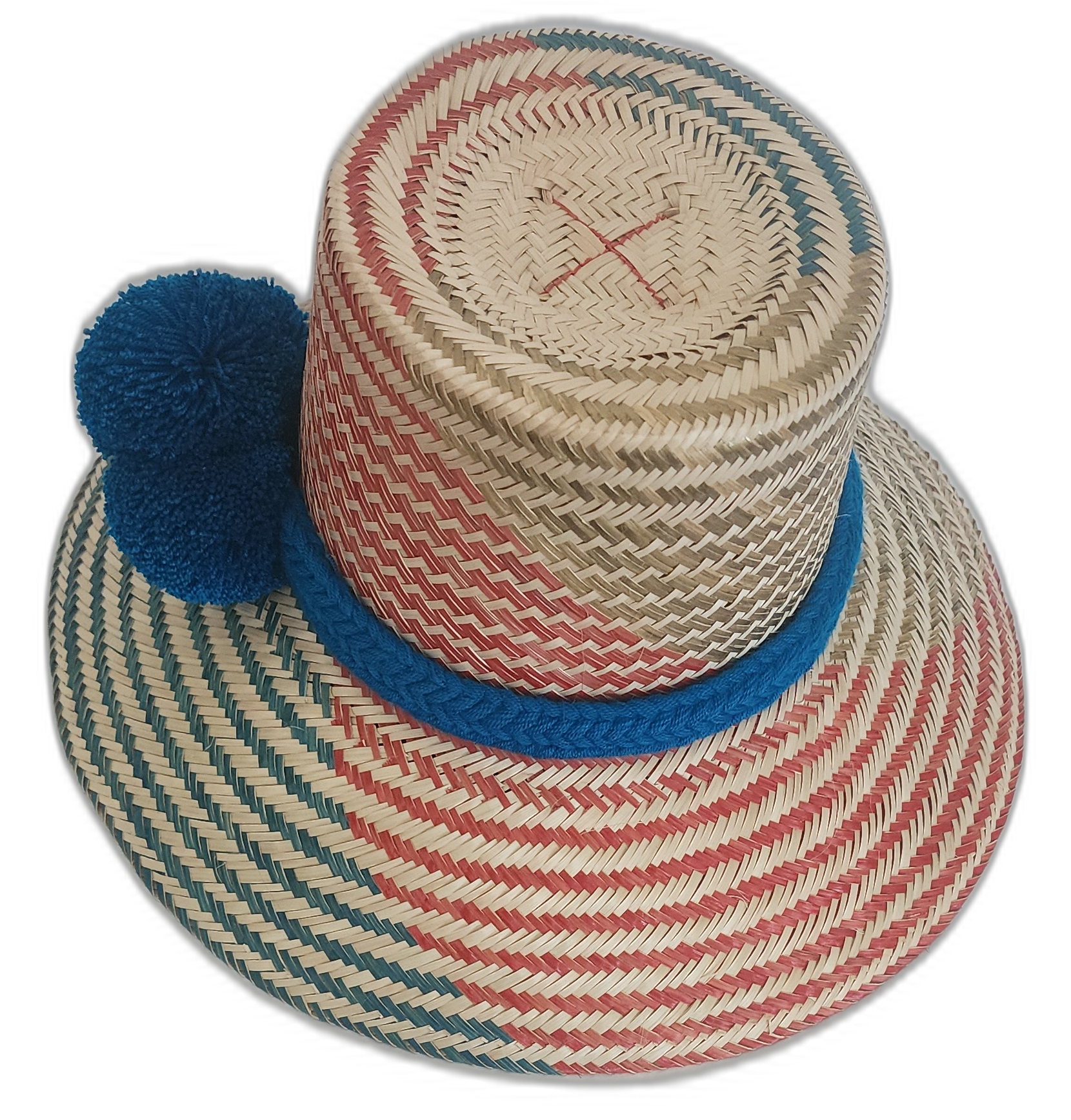 Colorful handmade straw hat with teal and red woven pattern and blue band
