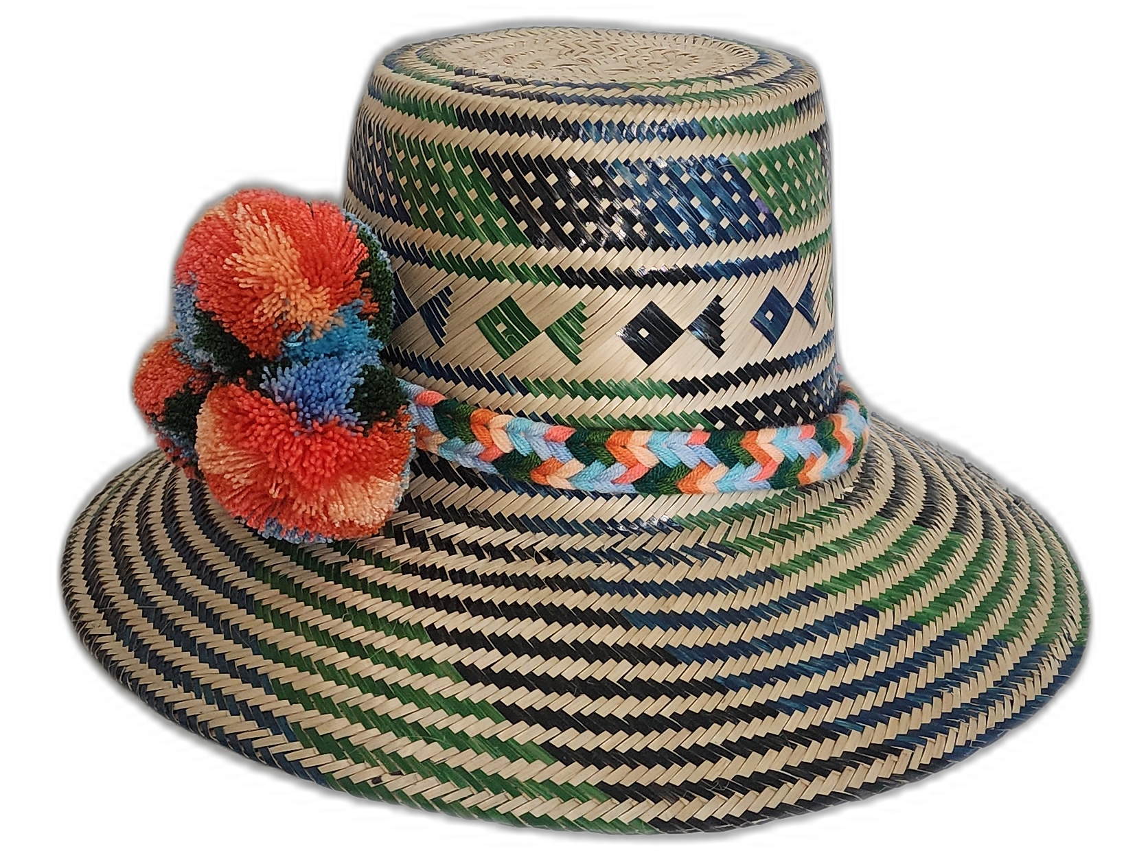 Artisan straw hat featuring blue and green weave with vibrant multicolor pompoms.


