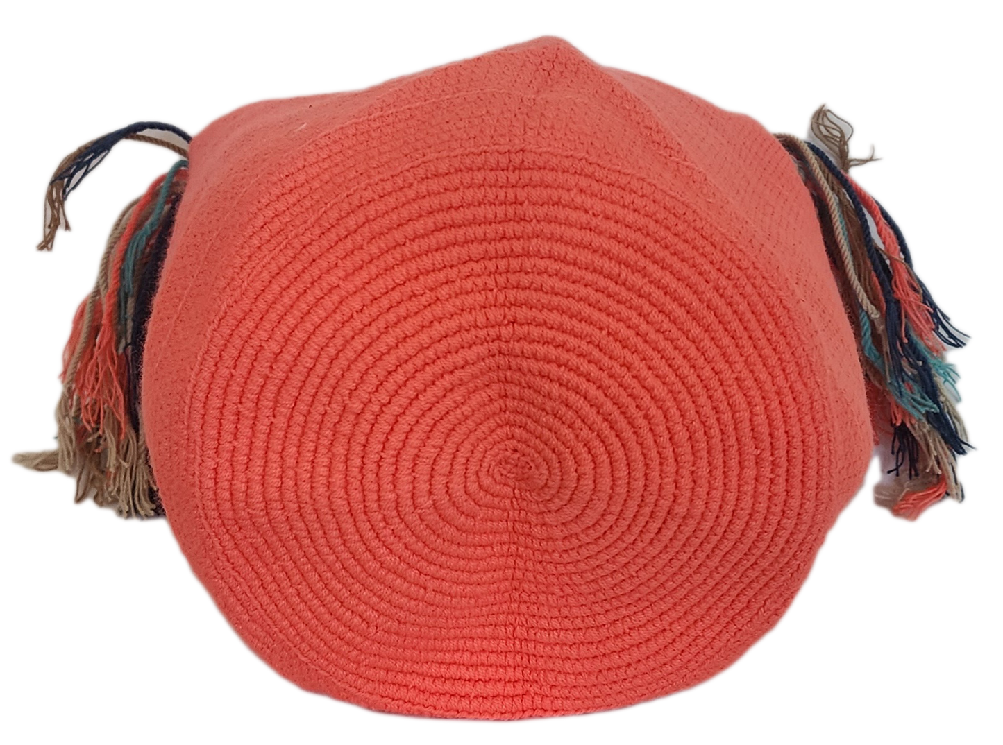 Colorful coral Wayuu crochet bag with long tassels and a chevron-patterned strap — perfect for a standout boho-chic look.