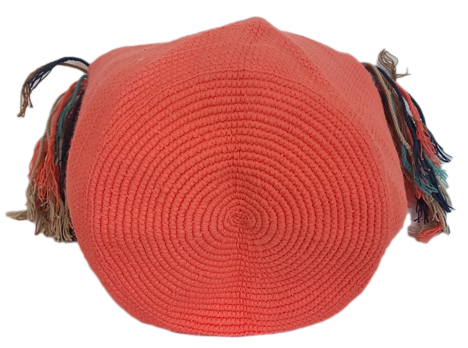 Colorful coral Wayuu crochet bag with long tassels and a chevron-patterned strap — perfect for a standout boho-chic look.