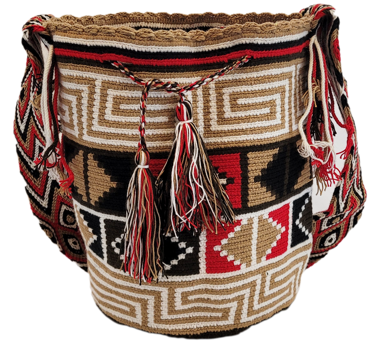 Bohemian crochet bag, handmade by Wayuu artisans, featuring bold red, black, and tan weave, geometric patterns, wide strap, and large tassels.