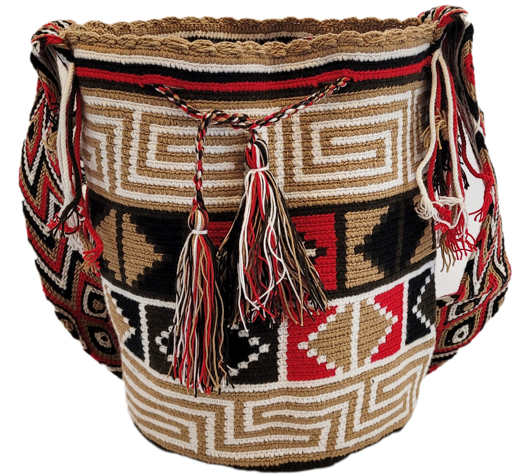 Bohemian crochet bag, handmade by Wayuu artisans, featuring bold red, black, and tan weave, geometric patterns, wide strap, and large tassels.
