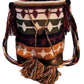 Colorful bohemian crochet bag featuring burgundy, green, orange, and cream patterns with braided crossbody strap and playful tassels.