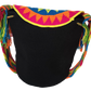 Vibrant boho crochet bag with colorful sunburst flap, handcrafted by Wayuu artisans