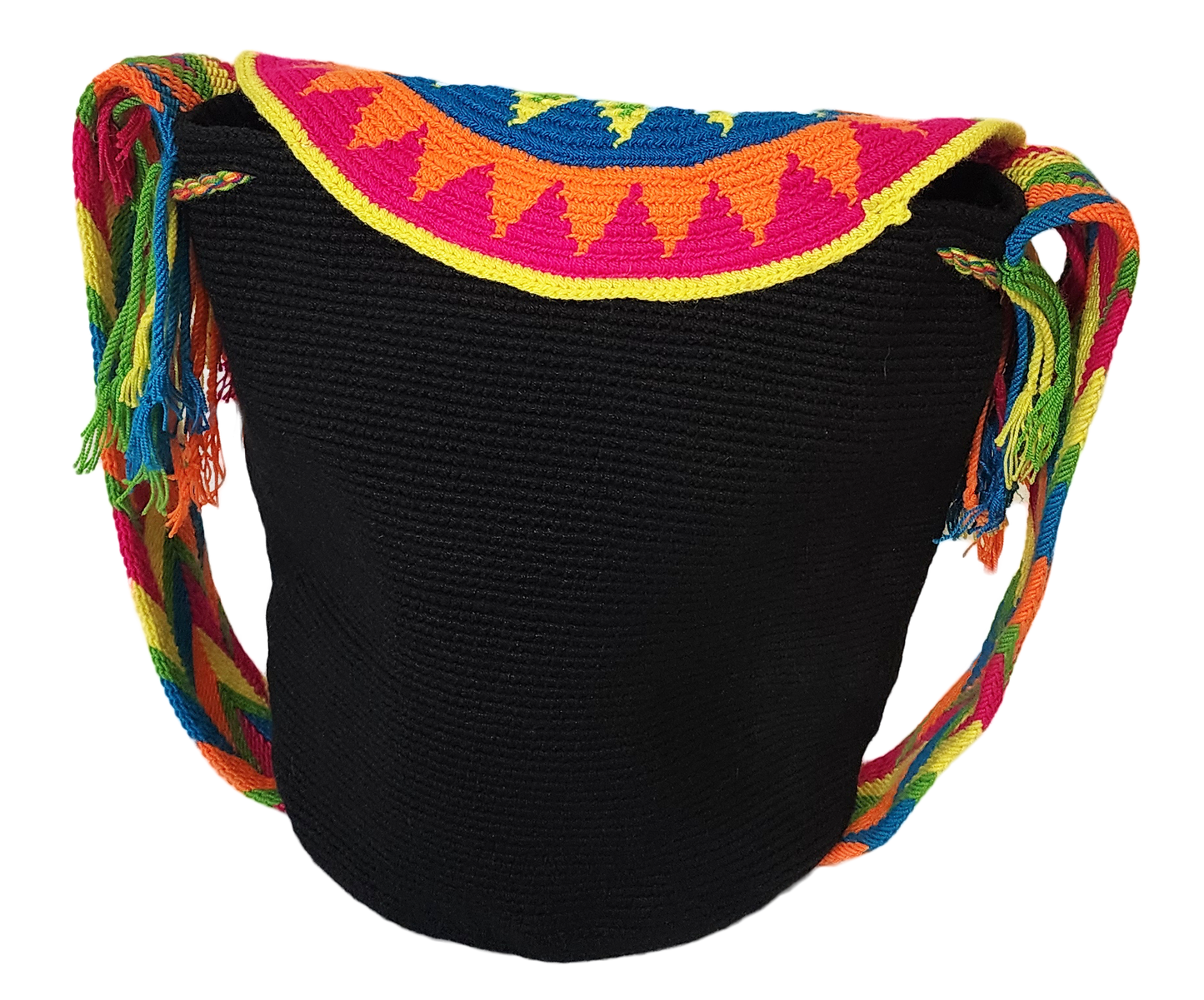 Vibrant boho crochet bag with colorful sunburst flap, handcrafted by Wayuu artisans