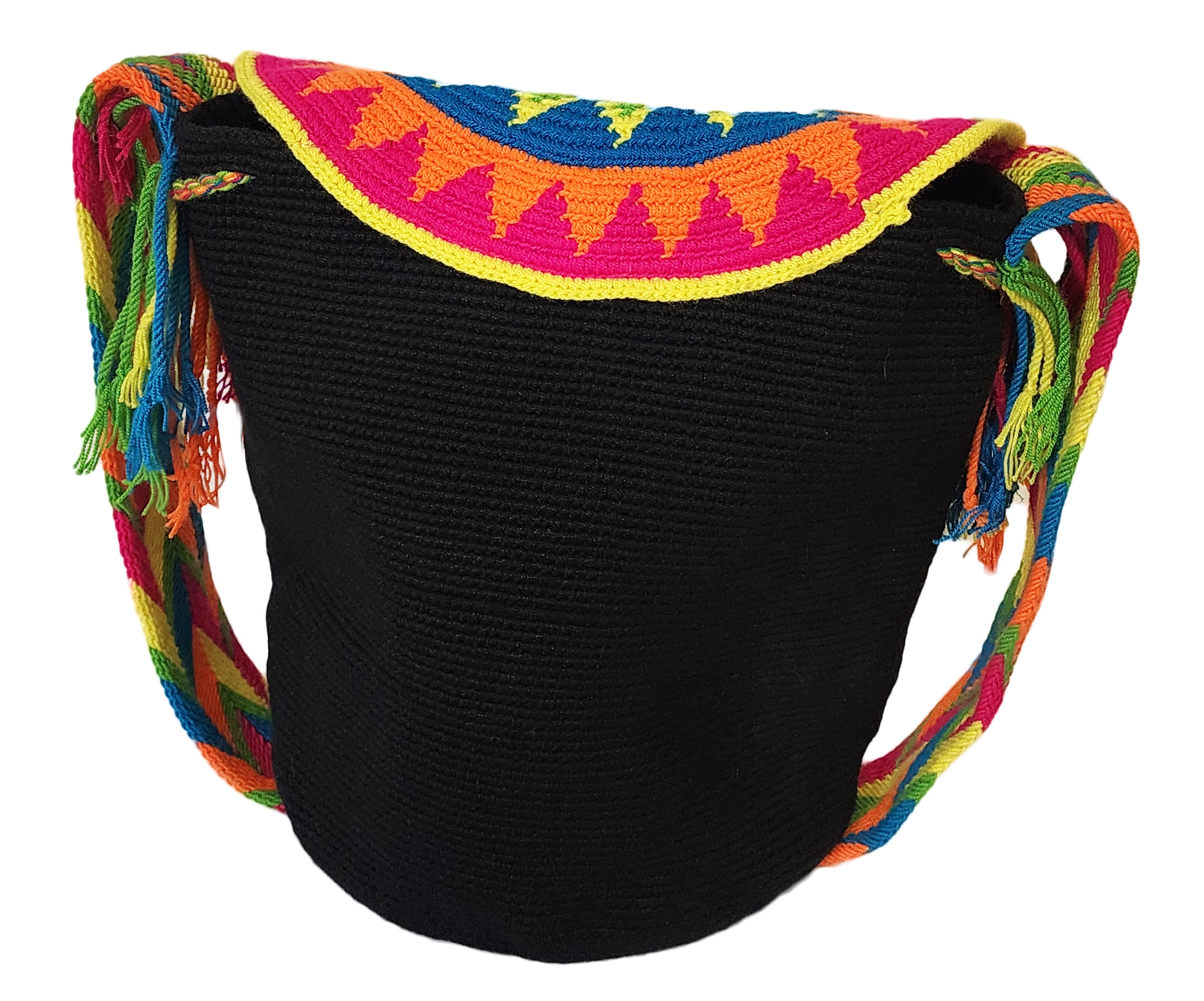 Bottom view Vibrant boho crochet bag with colorful sunburst flap, handcrafted by Wayuu artisans