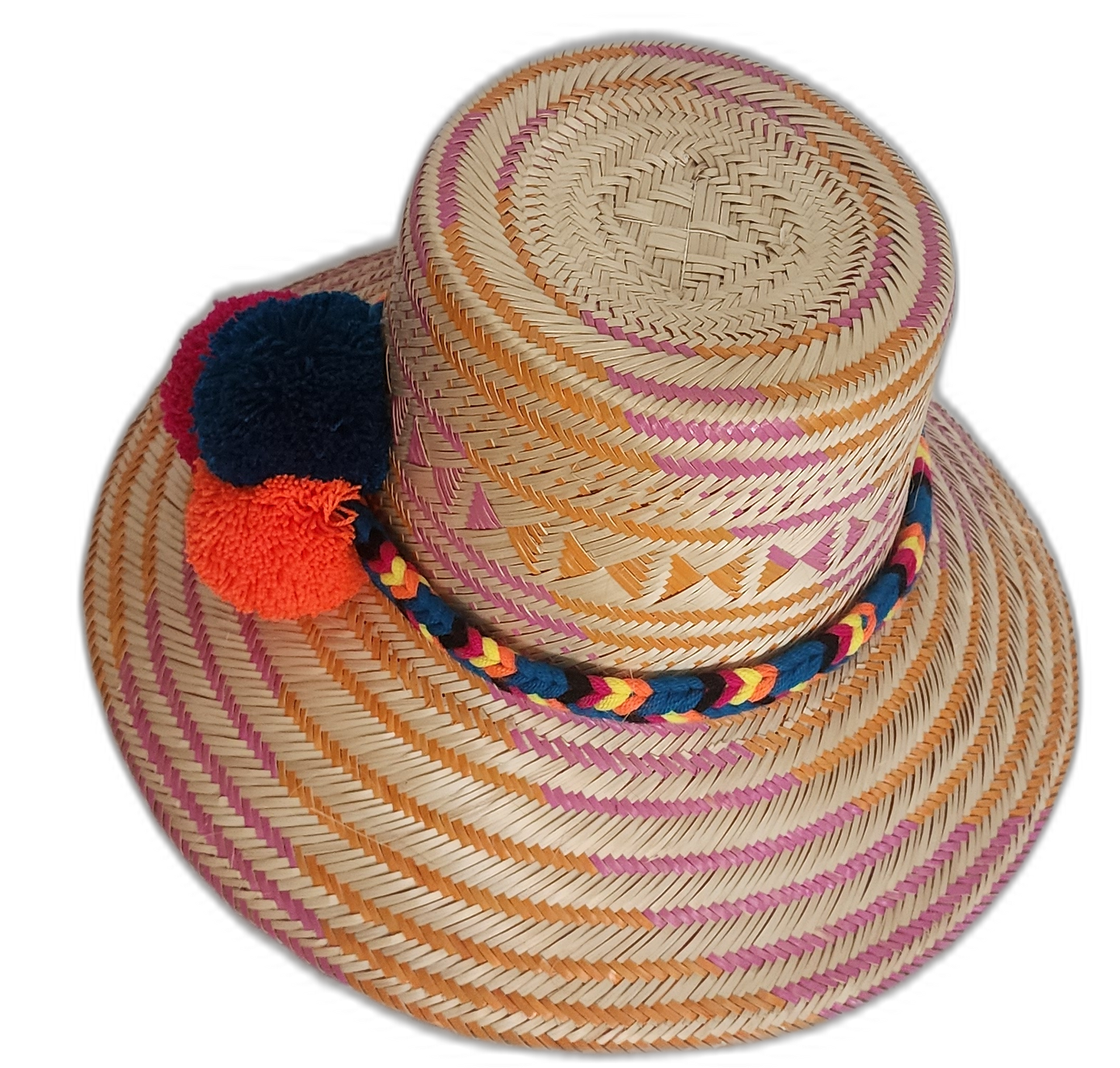 One-of-a-kind bohemian Wayuu straw hat with rich pink-orange tones and eye-catching accents.

