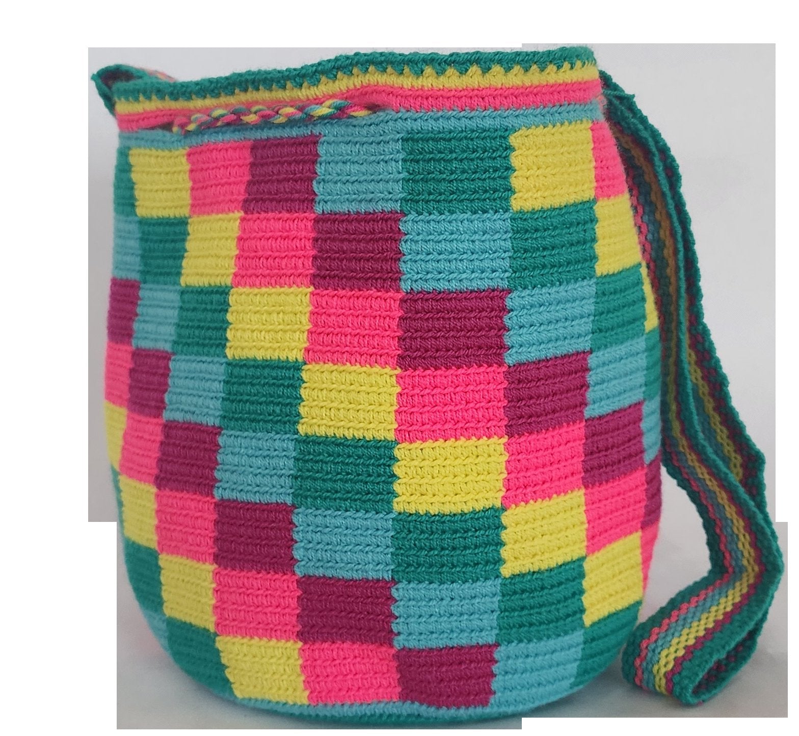 Bottom view Image of a colorful, handmade crochet Wayuu bag featuring intricate bohemian patterns. This boho crossbody bag, created by indigenous Wayuu artisans from Colombia and Venezuela, showcases vibrant colors and geometric motifs inspired by the Guajira Peninsula. The bag varies in size and includes adjustable straps, making it both stylish and functional for everyday use or beach outings.