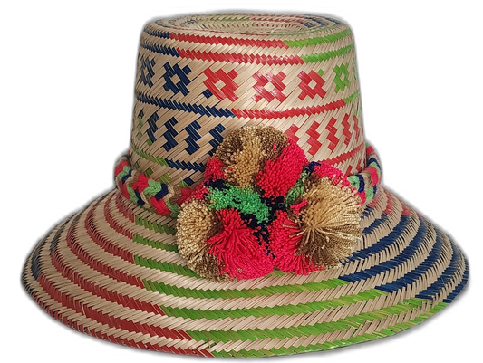 Handmade Wayuu straw hat with red, green, and blue tribal patterns