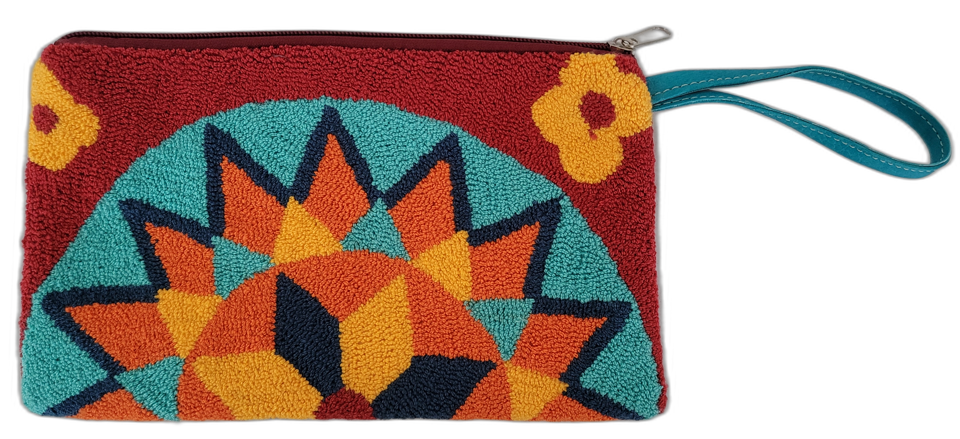 1 Handmade boho chick clutch with bold geometric embroidery and teal wristlet strap

