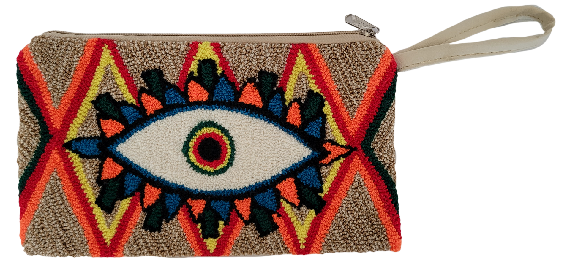 1 Boho chick punch needle clutch featuring colorful eye motif on beige background

