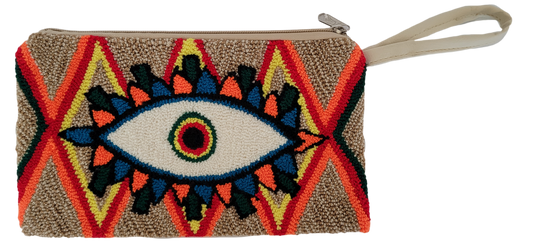 Boho chick punch needle clutch featuring colorful eye motif on beige background

