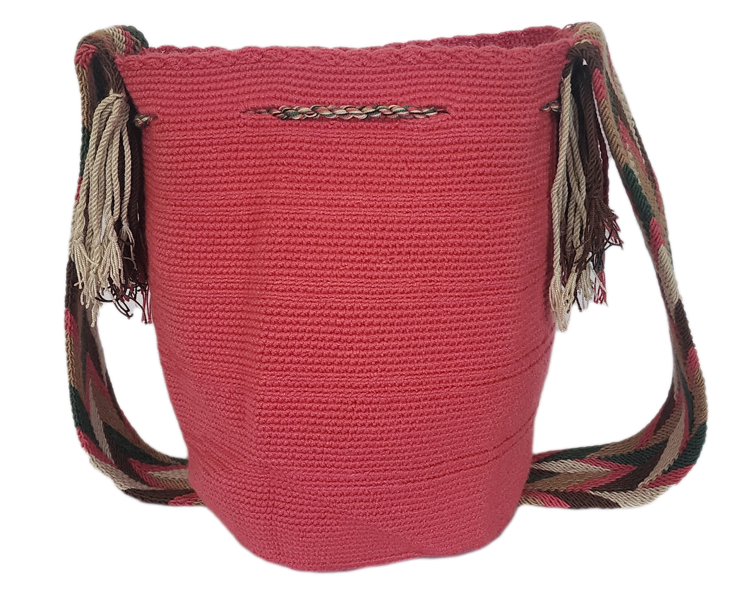 Bohemian Wayuu crochet mochila with solid pink base and richly braided multicolor drawstring — handmade with artisan precision.