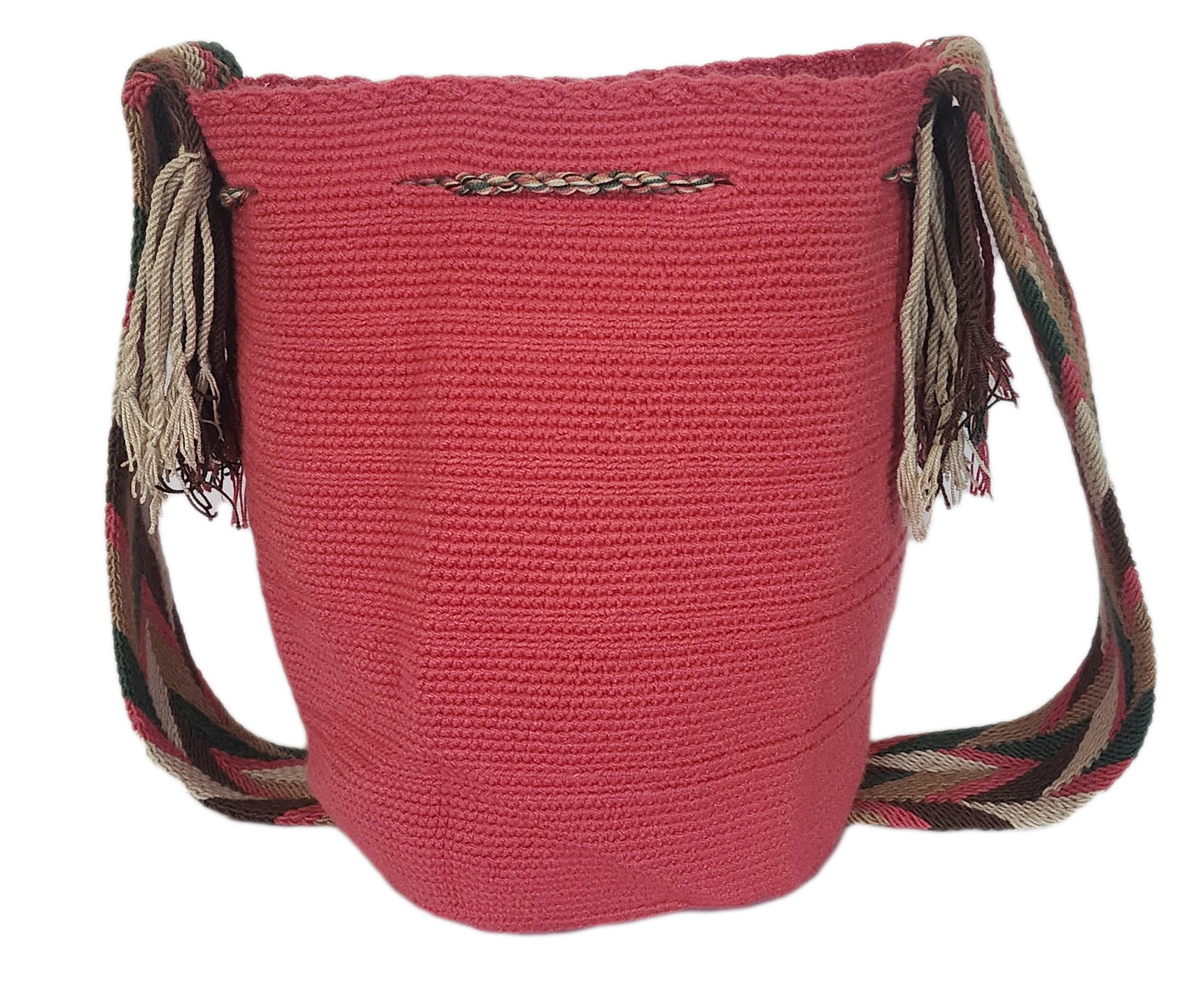 Bottom view Bohemian Wayuu crochet mochila with solid pink base and richly braided multicolor drawstring — handmade with artisan precision.