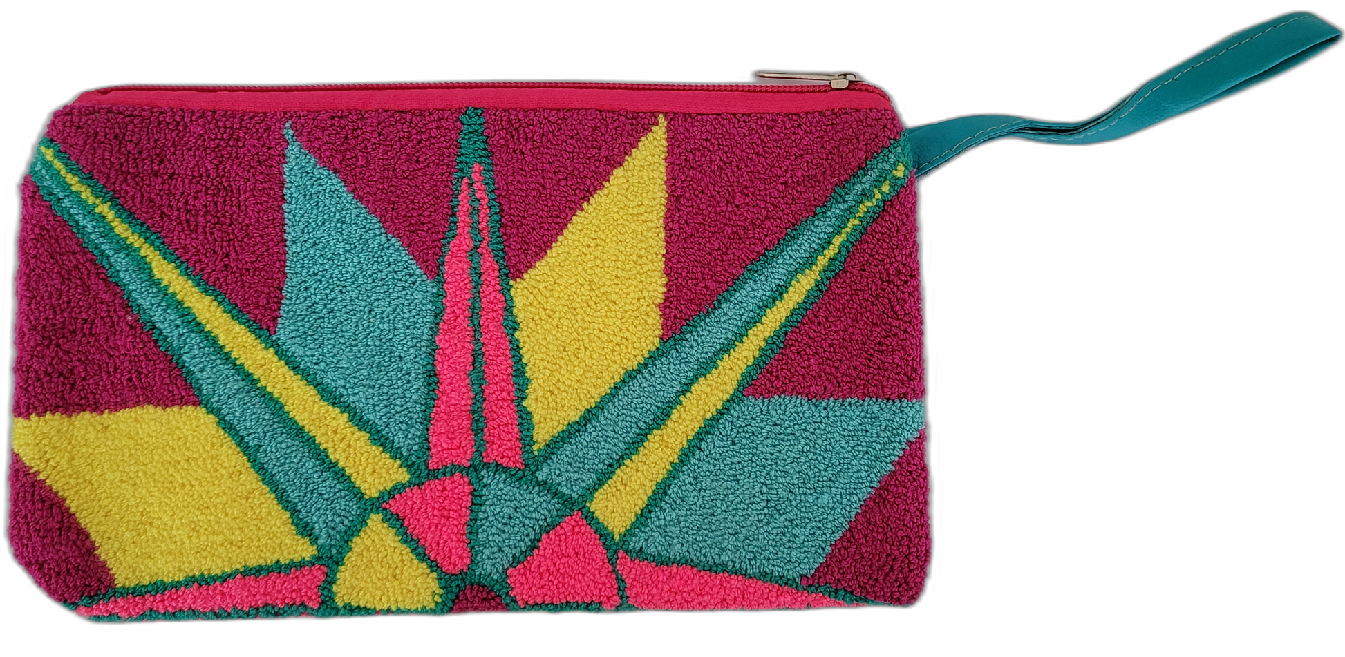 1 Miley boho clutch with punch needle starburst in pink, teal, and yellow

