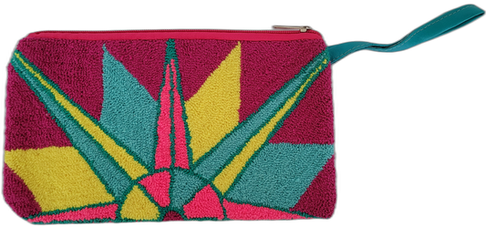 Miley boho clutch with punch needle starburst in pink, teal, and yellow

