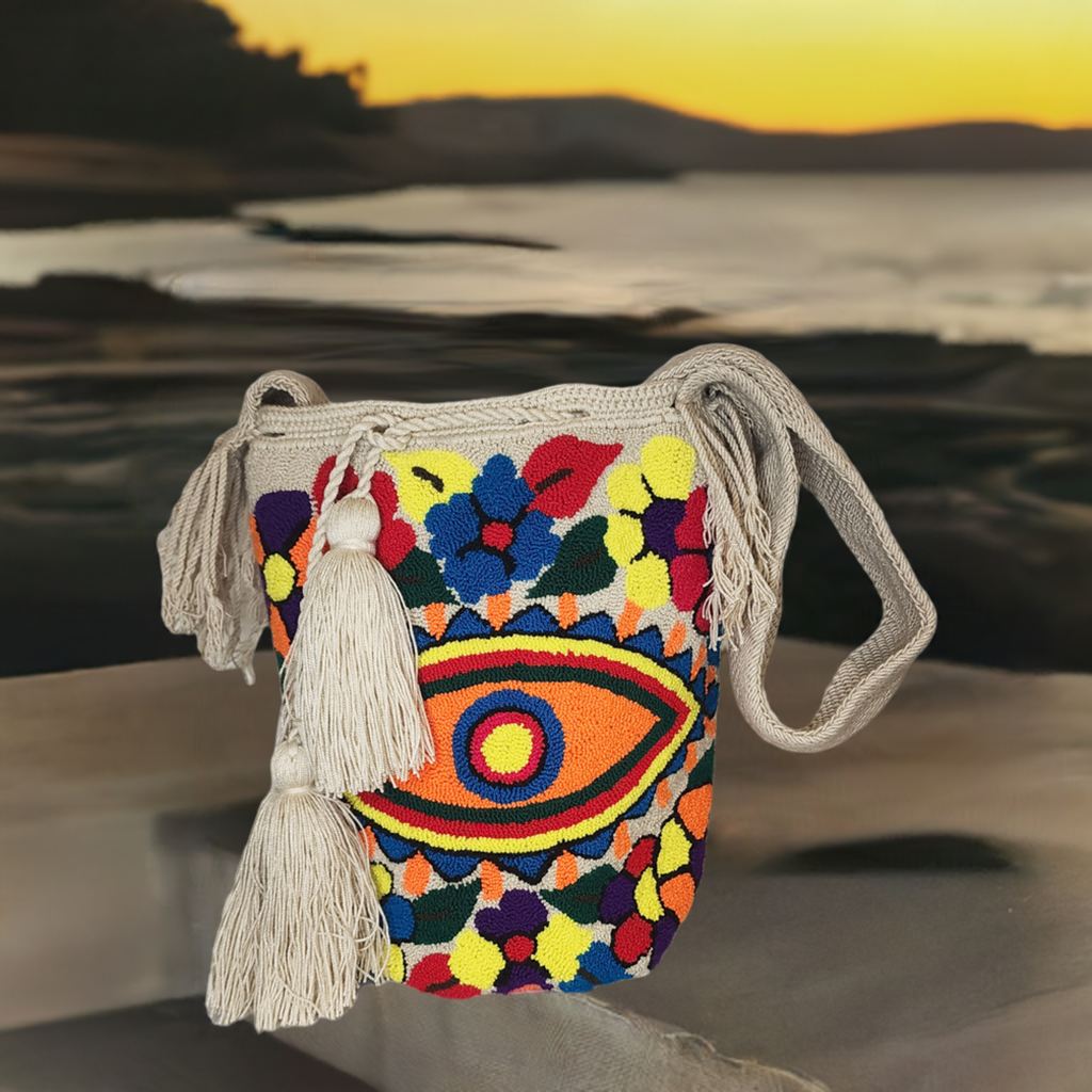 Bottom view Boho-chick style punch needle bag in vibrant tones