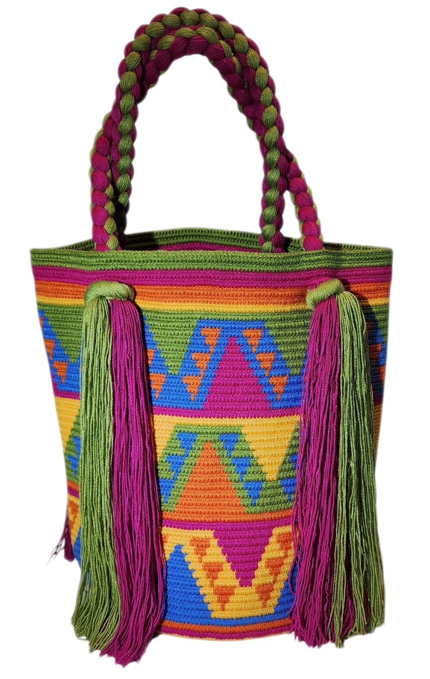 Bohemian crochet handbag, handmade by Wayuu artisans, featuring rainbow waterfall-inspired design, chunky braided handles, and large tassels.