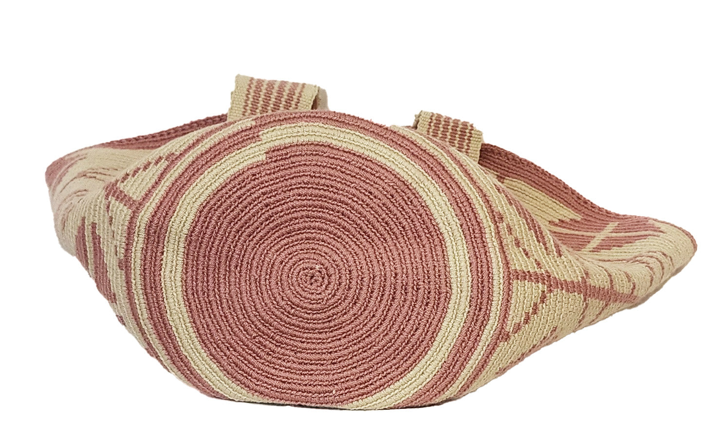 Artisan colorful crochet tote, reflecting traditional Wayuu craftsmanship in soft tones.