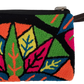 Bright and colorful punch needle Wayuu clutch with vibrant leaves and geometric patterns in green, orange, pink, blue, yellow, and black — handmade and artisan-crafted.