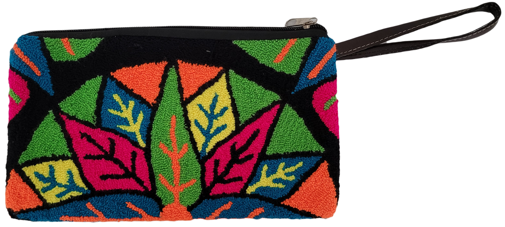 1 Bright and colorful punch needle Wayuu clutch with vibrant leaves and geometric patterns in green, orange, pink, blue, yellow, and black — handmade and artisan-crafted.
