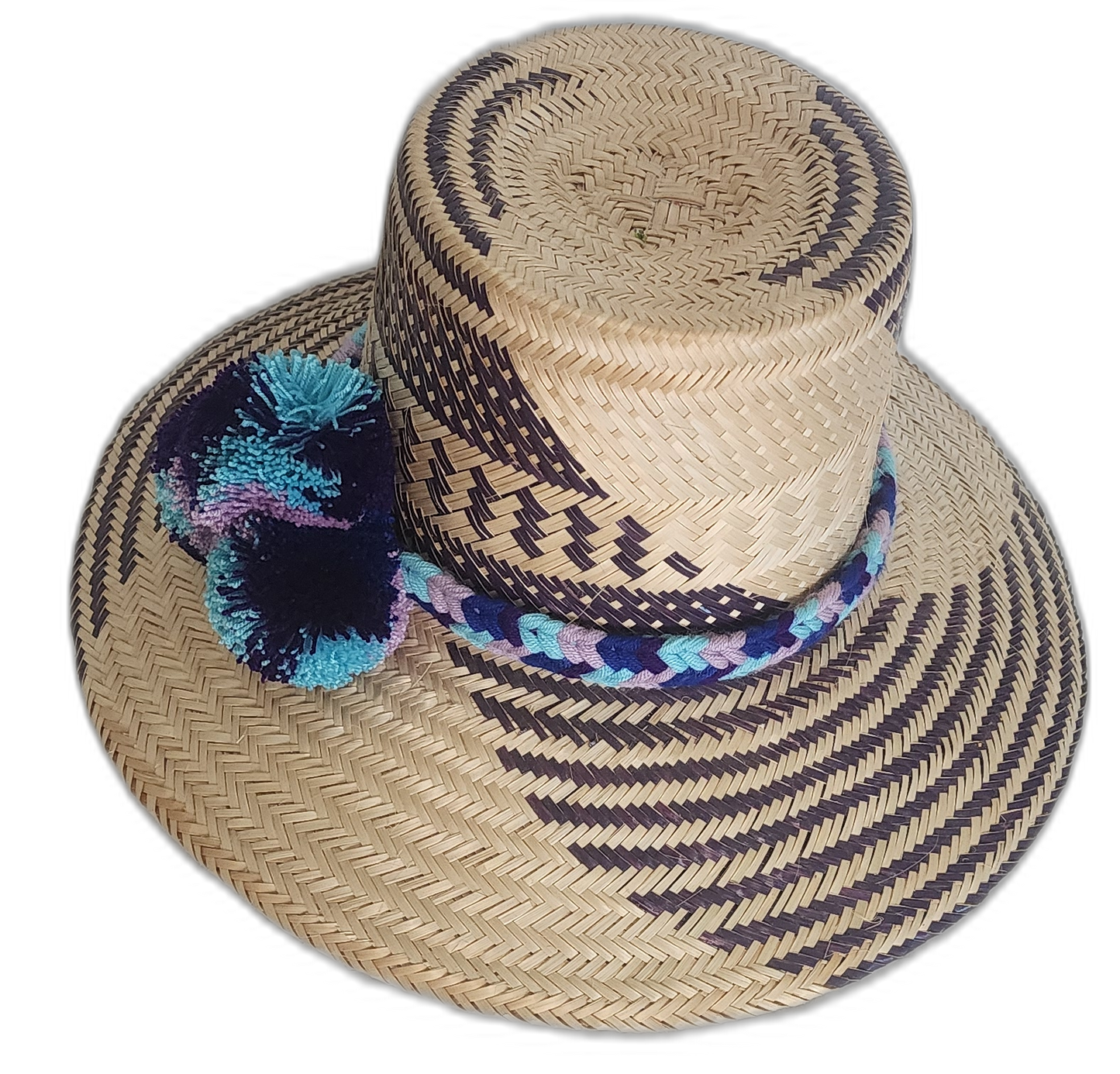 Bohemian hat featuring navy and lavender weave with bold pompoms