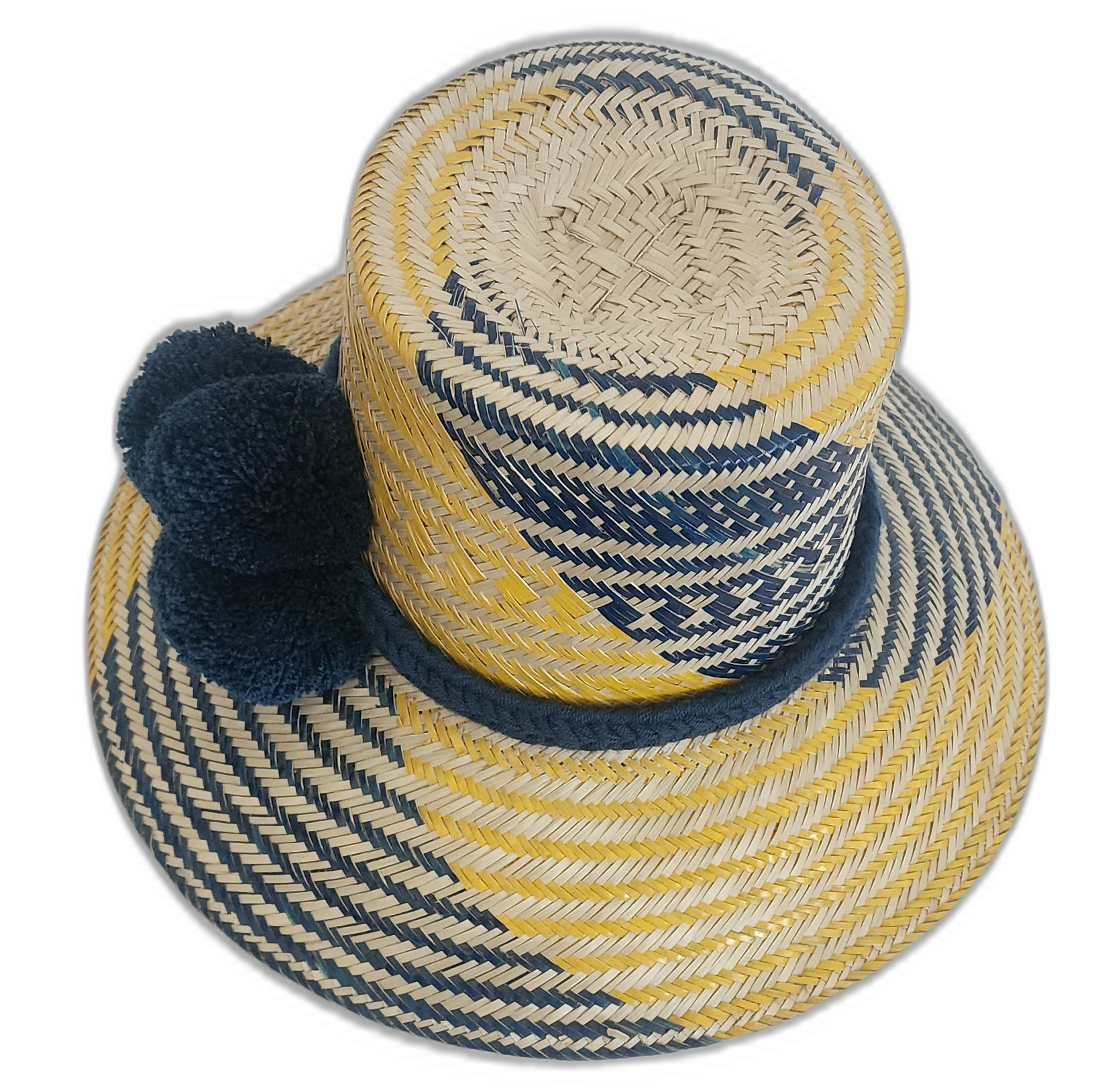Boho Wayuu hat with wide brim, navy and yellow color pattern, and fluffy pompoms