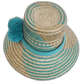 Boho Chick straw hat in turquoise and tan with large handmade pompoms