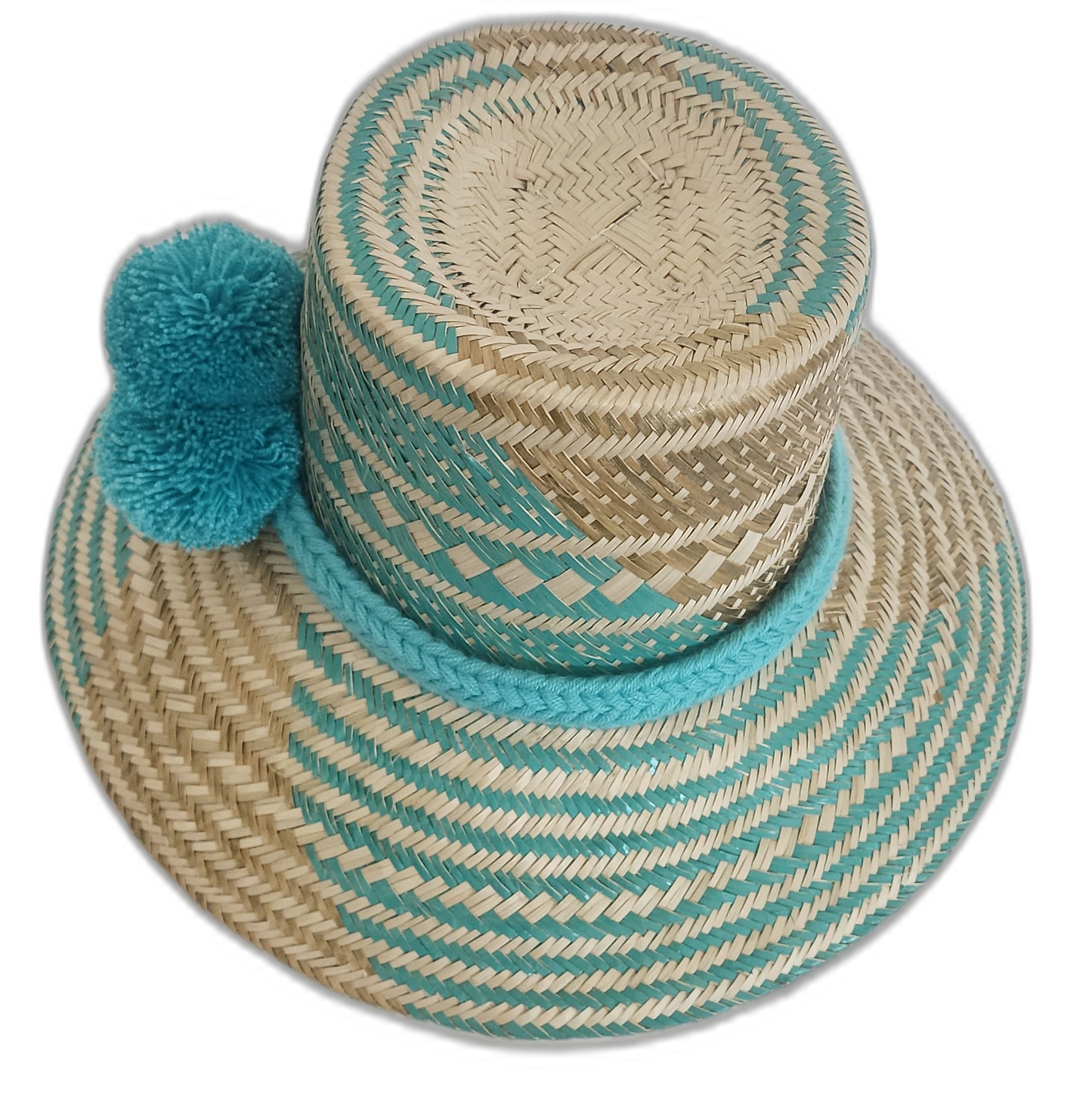 Boho Chick straw hat in turquoise and tan with large handmade pompoms