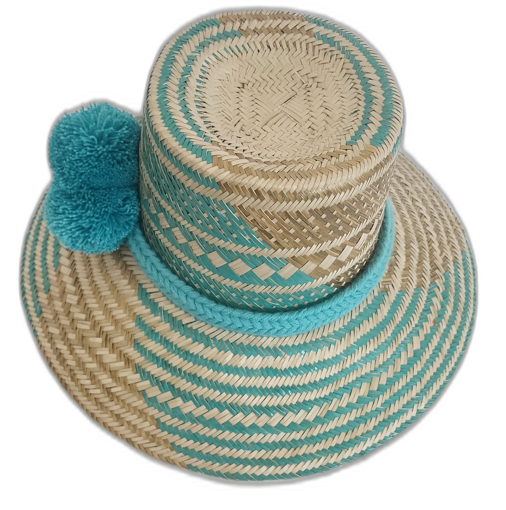 Boho Chick straw hat in turquoise and tan with large handmade pompoms