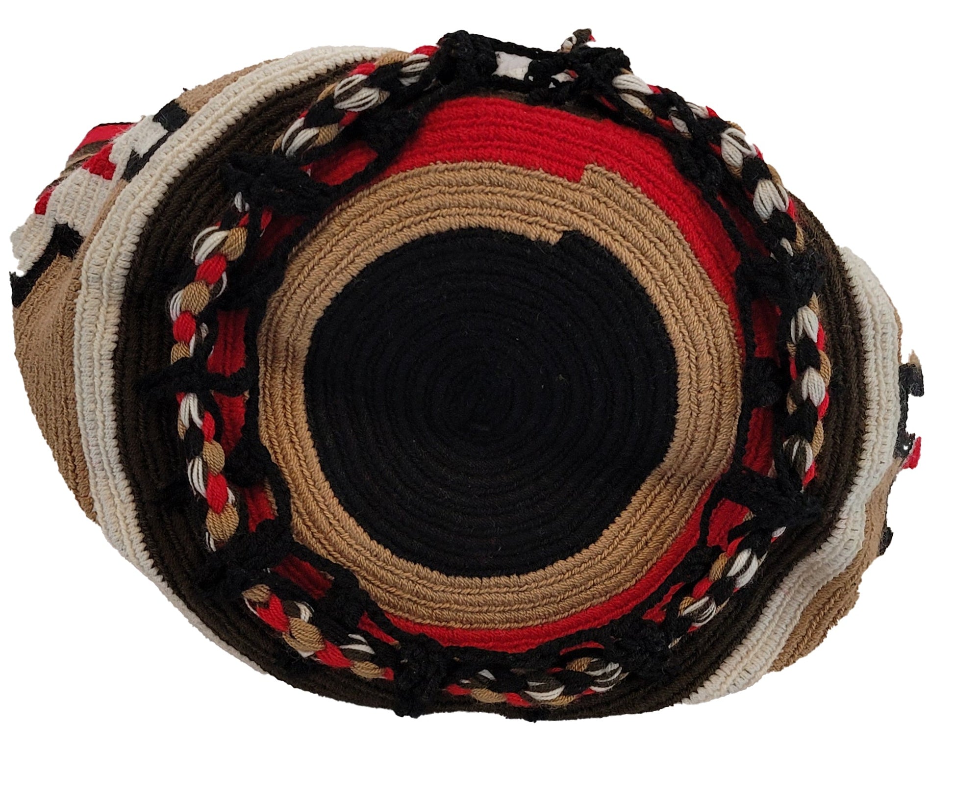 "Colorful Wayuu mochila crochet bag by Wuitusu, handcrafted without metal parts, showcasing traditional patterns and craftsma