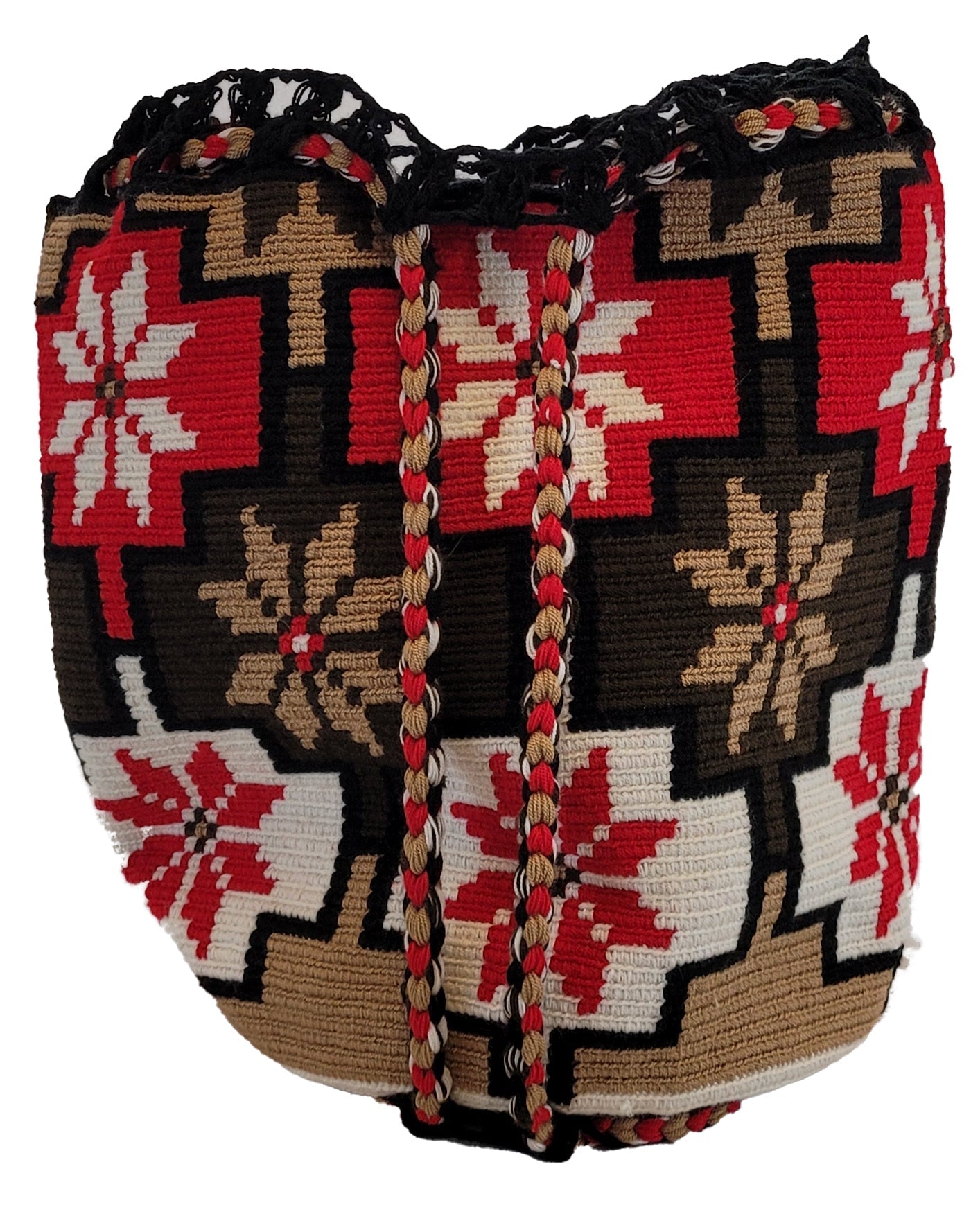 Bottom view "Colorful Wayuu mochila crochet bag by Wuitusu, handcrafted without metal parts, showcasing traditional patterns and craftsma