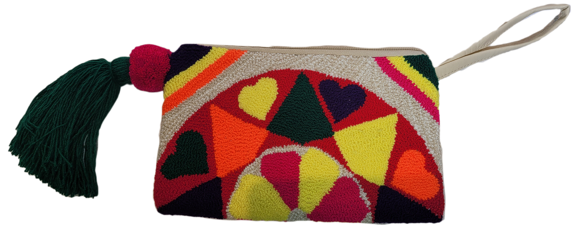 1 "Colorful Wayuu Needle Punch Clutch, handcrafted with vibrant woven patterns, zippered closure, promotes fair trade."