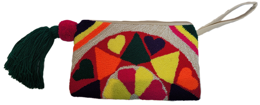 "Colorful Wayuu Needle Punch Clutch, handcrafted with vibrant woven patterns, zippered closure, promotes fair trade."
