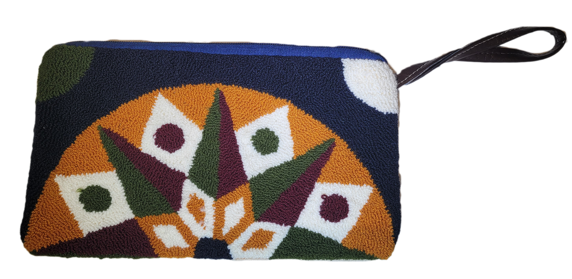 1 "Colorful Wayuu Needle Punch Clutch handmade by Wuitusu artisans, featuring vibrant patterns and a secure zip closure."