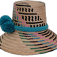 Boho straw hat Alana featuring black striped weave with colorful accents and teal pompoms

