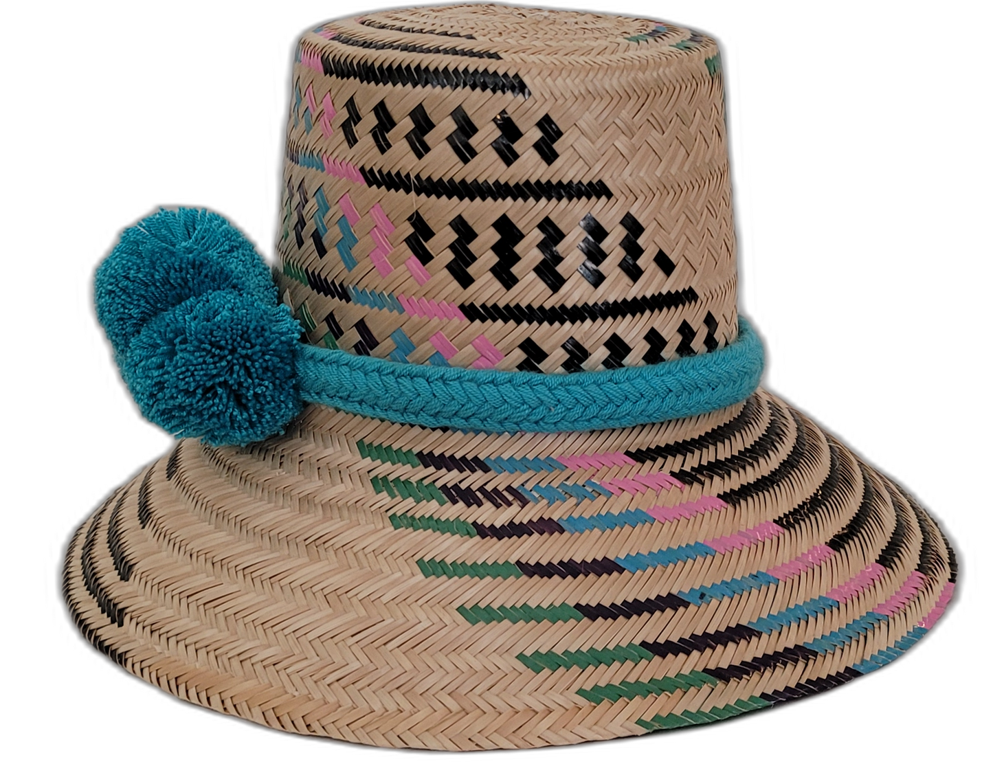 Boho straw hat Alana featuring black striped weave with colorful accents and teal pompoms

